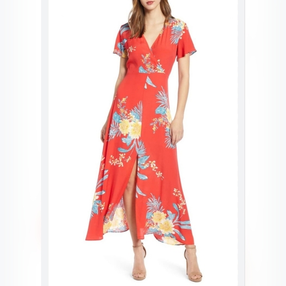 Leith Floral Print Maxi Red Dress Short Flutter Sleeves, Size S - Picture 1 of 11